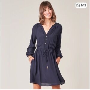 Spartina 449 Navy Blue Long-Sleeve Drawstring Waist Dress